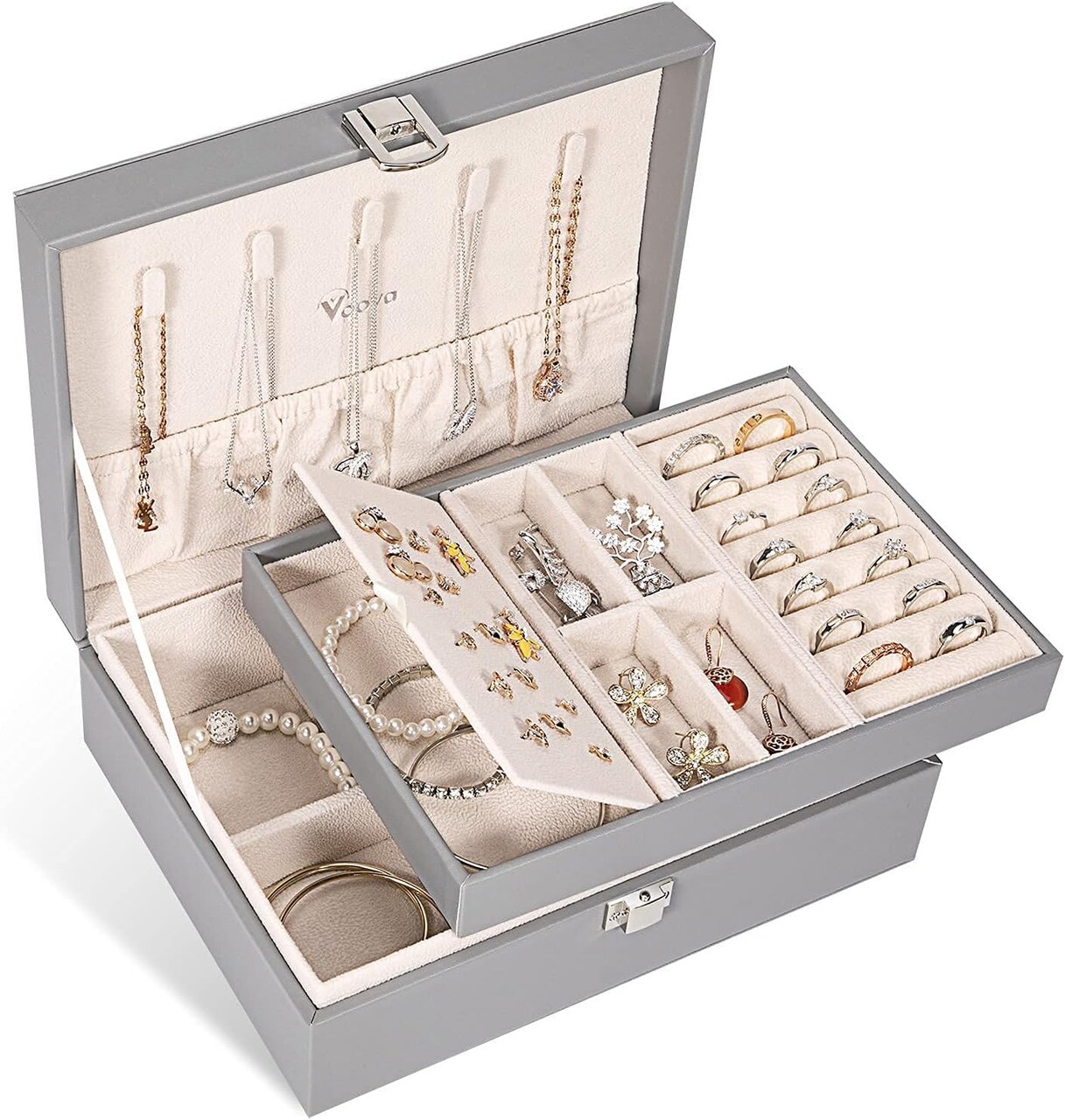 Luxury 2-Layer Jewelry Box Organizer for Women & Men – PU Leather Jewelry Storage Case with Removable Tray for Necklaces, Earrings & Rings, Elegant Grey Display Jewelry Holder (Grey)